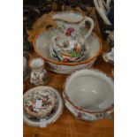 A Masons ironstone wash set comprising jug and bowl, chamber pot, toothbrush vase, flannel dish