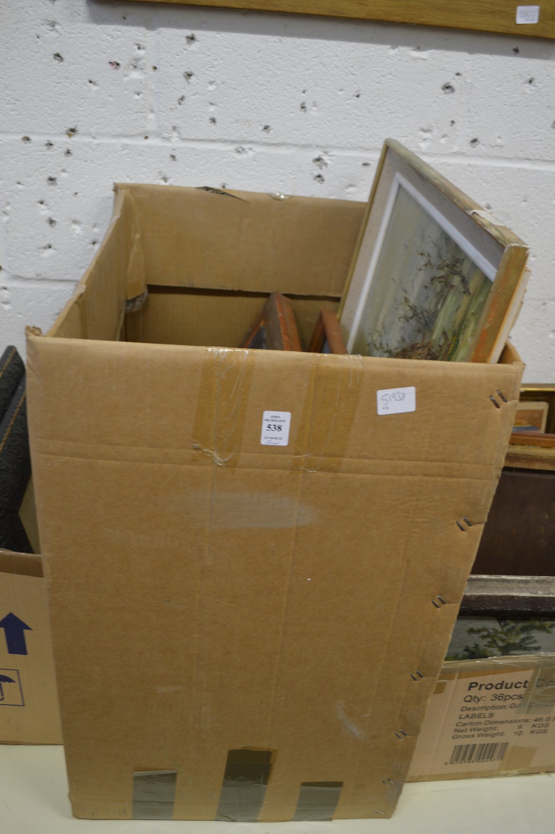 A box of assorted paintings, prints, engravings etc.