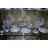 Wedgwood blue jasperware to include decorative plates, fruit bowl etc.