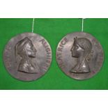 A pair of relief cast circular bronze plaques Dante and Beatrice.