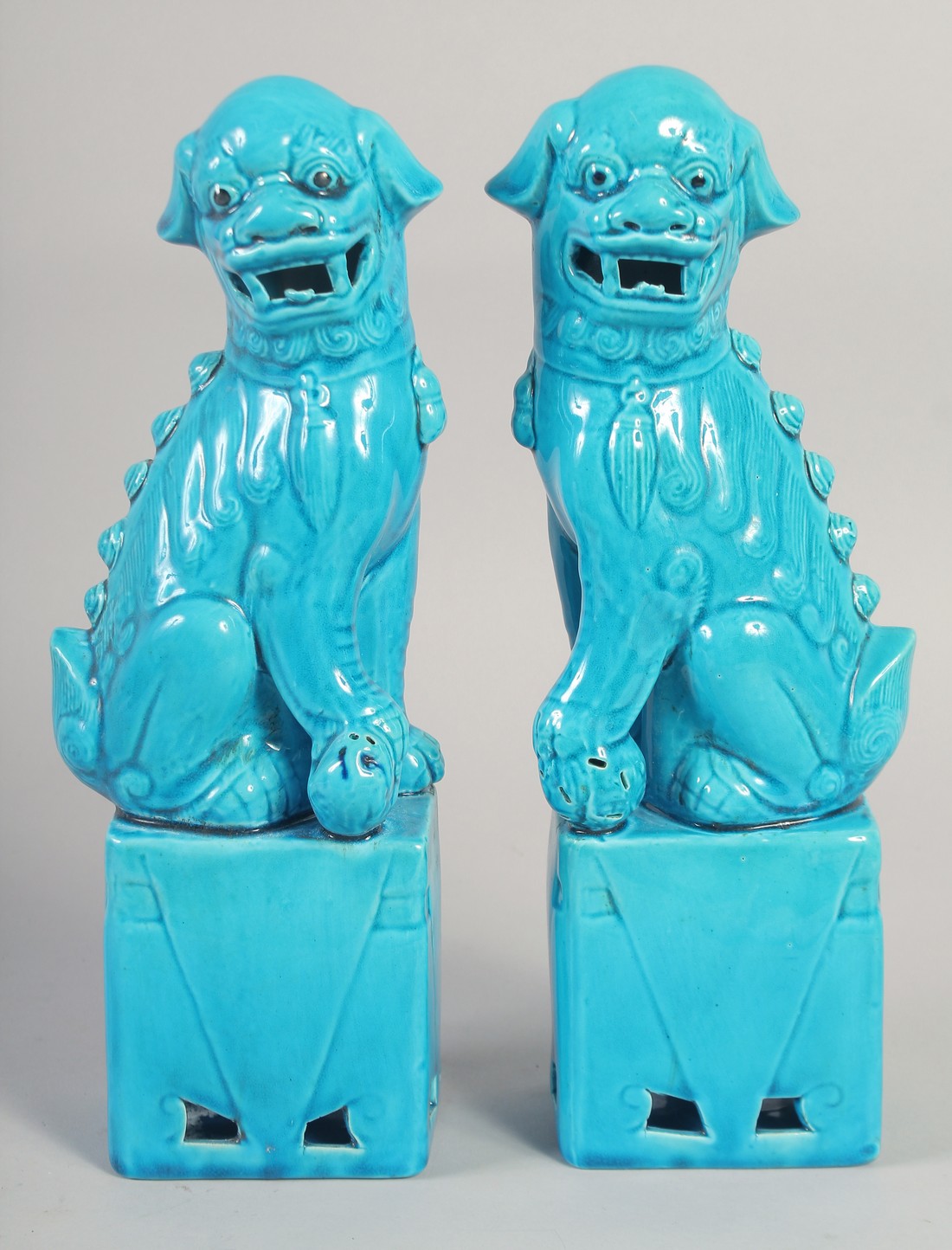 A PAIR OF TURQUOISE GLAZE PORCELAIN LION DOGS, 31.5cm high.