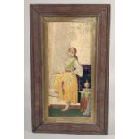 A FRAMED GLAZED POTTERY TILE with Ottoman subject of a lady, 49.5cm x 23.5cm overall.