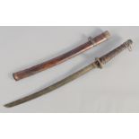 A 20TH CENTURY JAPANESE TACHI STYLE WAKIZASHI, with leather bound grip and scabbard, with decorative