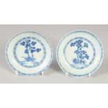 A PAIR OF NANKING CARGO BLUE AND WHITE SAUCERS, 10cm diameter.