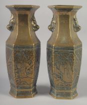A PAIR OF 19TH CENTURY CHINESE BRONZE HEXAGONAL VASES, engraved with figures and with twin lion