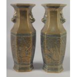 A PAIR OF 19TH CENTURY CHINESE BRONZE HEXAGONAL VASES, engraved with figures and with twin lion