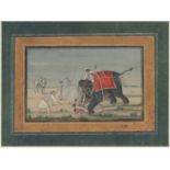 A 19TH CENTURY MUGHAL LUCKNOW COMPANY SCHOOL MINIATURE PAINTING of a royal elephant hunt, framed and