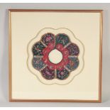 A 19TH CENTURY CHINESE WOMAN'S CLOTHES ACCESSORY / COLLAR, framed and glazed, 46cm square.