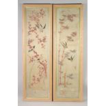 A FINE PAIR OF LATE 19TH CENTURY CHINESE SILK PANELS, with birds and trees, framed and glazed,