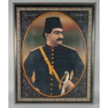 A PERSIAN QAJAR OIL ON TIN PORTRAIT PAINTING OF PRINCE MAS'UD MIRZA, YAMIN AL-DAWLA ZILL AL-