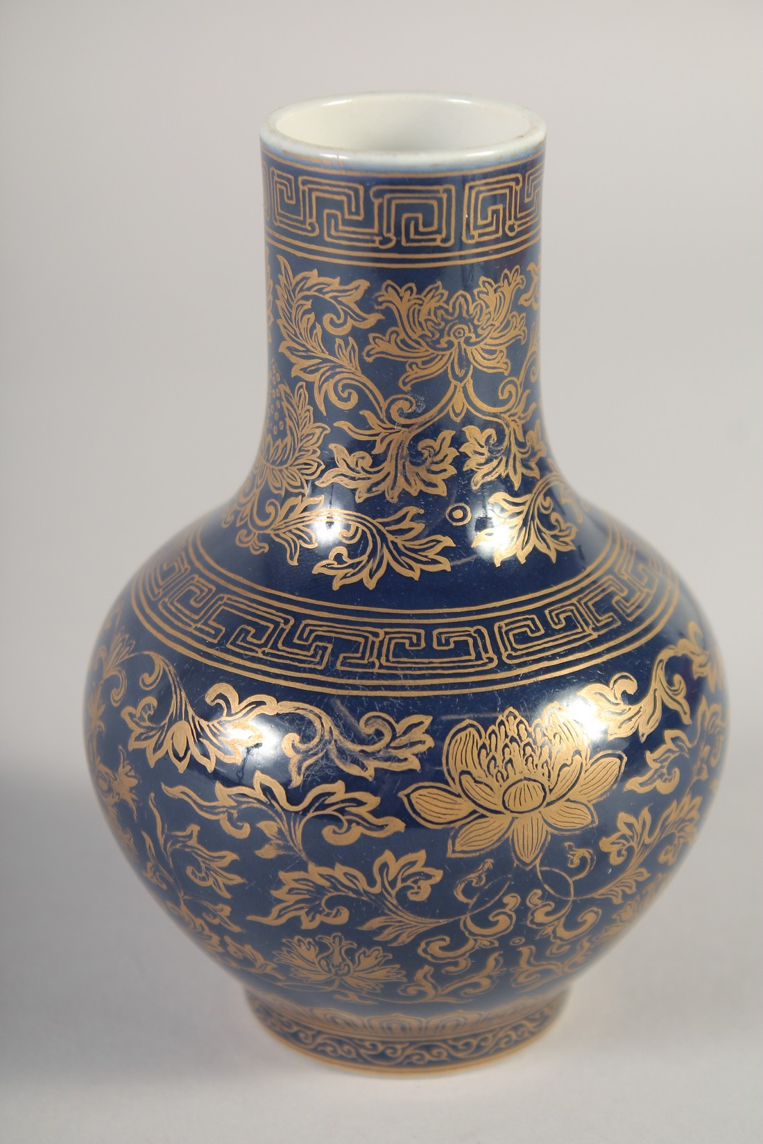 A CHINESE POWDER BLUE VASE, with gilt floral decoration, the base with six-character mark, 13cm - Image 3 of 5