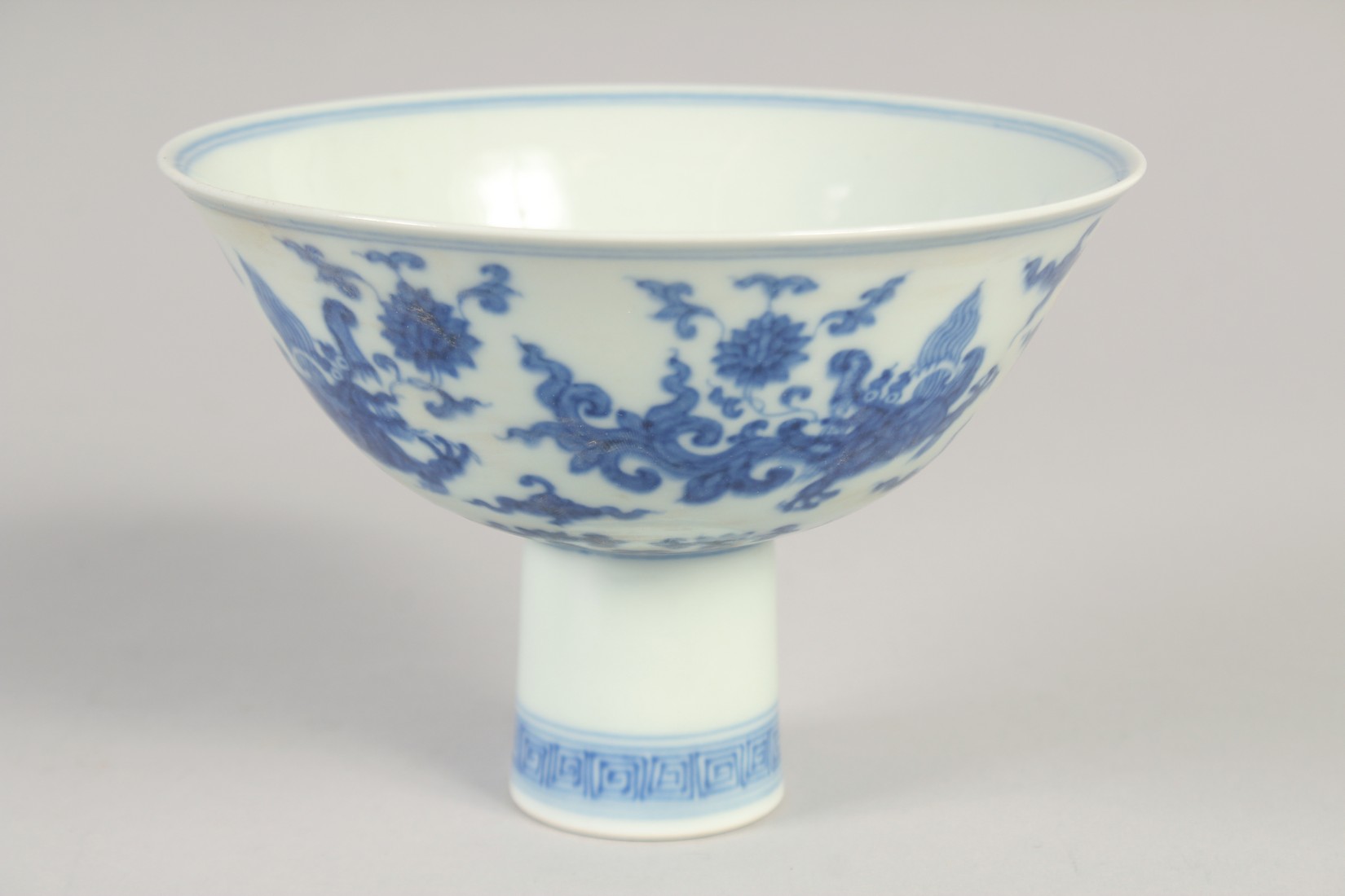 A CHINESE BLUE AND WHITE PORCELAIN 'KUI DRAGON' STEM CUP, six-character mark to inner foot rim, bowl - Image 2 of 6