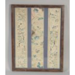 A 19TH CENTURY CHINESE SILK PANEL; a marriage of three separate panels, framed and glazed, frame