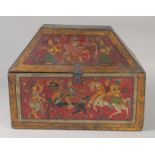 A FINE AND LARGE 19TH CENTURY SOUTH INDIAN PAINTED WOODEN CASKET, decorated with deities and