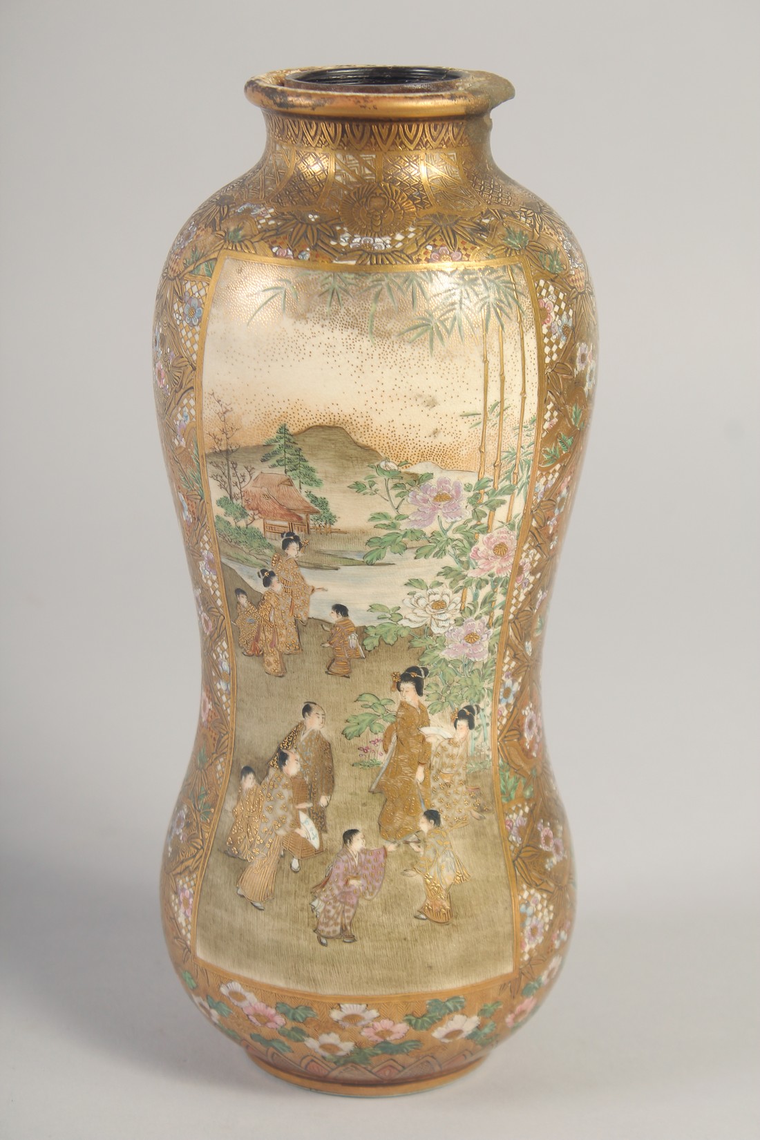 A JAPANESE SATSUMA BOTTLE / VASE, decorated with panels of figures and further embellished with fine - Image 3 of 6