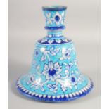 A LARGE 19TH CENTURY INDIAN MUGHAL BLUE AND WHITE GLAZED TERRACOTTA HUQQA BASE, painted with