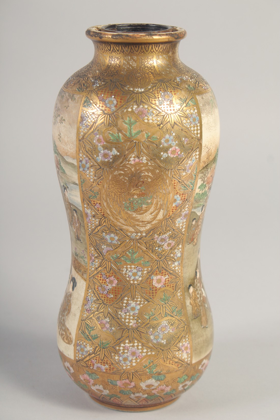 A JAPANESE SATSUMA BOTTLE / VASE, decorated with panels of figures and further embellished with fine - Image 4 of 6