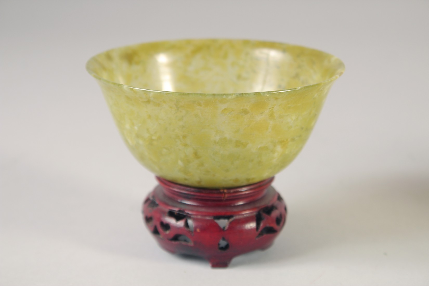 A PAIR OF JADE BOWLS, on hardwood stands, bowls 10cm diameter. - Image 3 of 5