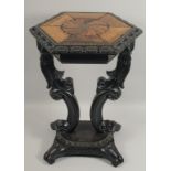 A 19TH CENTURY CEYLONESE EBONY AND SPECIMEN WOOD OCTAGONAL TABLE, the top inlaid with satinwood,