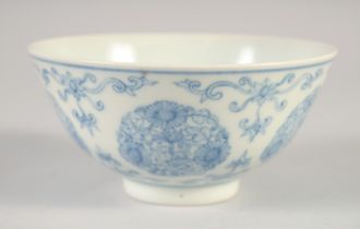 A CHINESE BLUE AND WHITE PORCELAIN BOWL, painted with floral medallions, six-character mark to base,