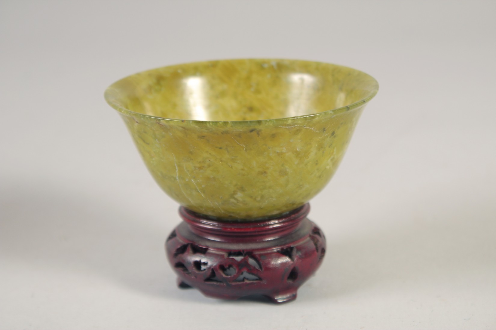 A PAIR OF JADE BOWLS, on hardwood stands, bowls 10cm diameter. - Image 4 of 5