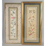 TWO EARLY 20TH CENTURY CHINESE SILK PANELS, framed and glazed, largest textile 65cm x 26cm, (2).
