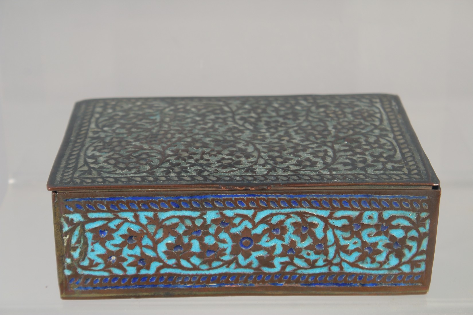 TWO INDIAN KASHMIRI BOXES AND ANOTHER ENAMELLED CUP, boxes 17cm x 8.5cm and 13cm x 8cm, cup 10cm - Image 3 of 6