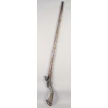 A 19TH CENTURY AFGHAN JEZAIL MOTHER OF PEARL INLAID FLINKLOCK RIFLE, 167cm long.