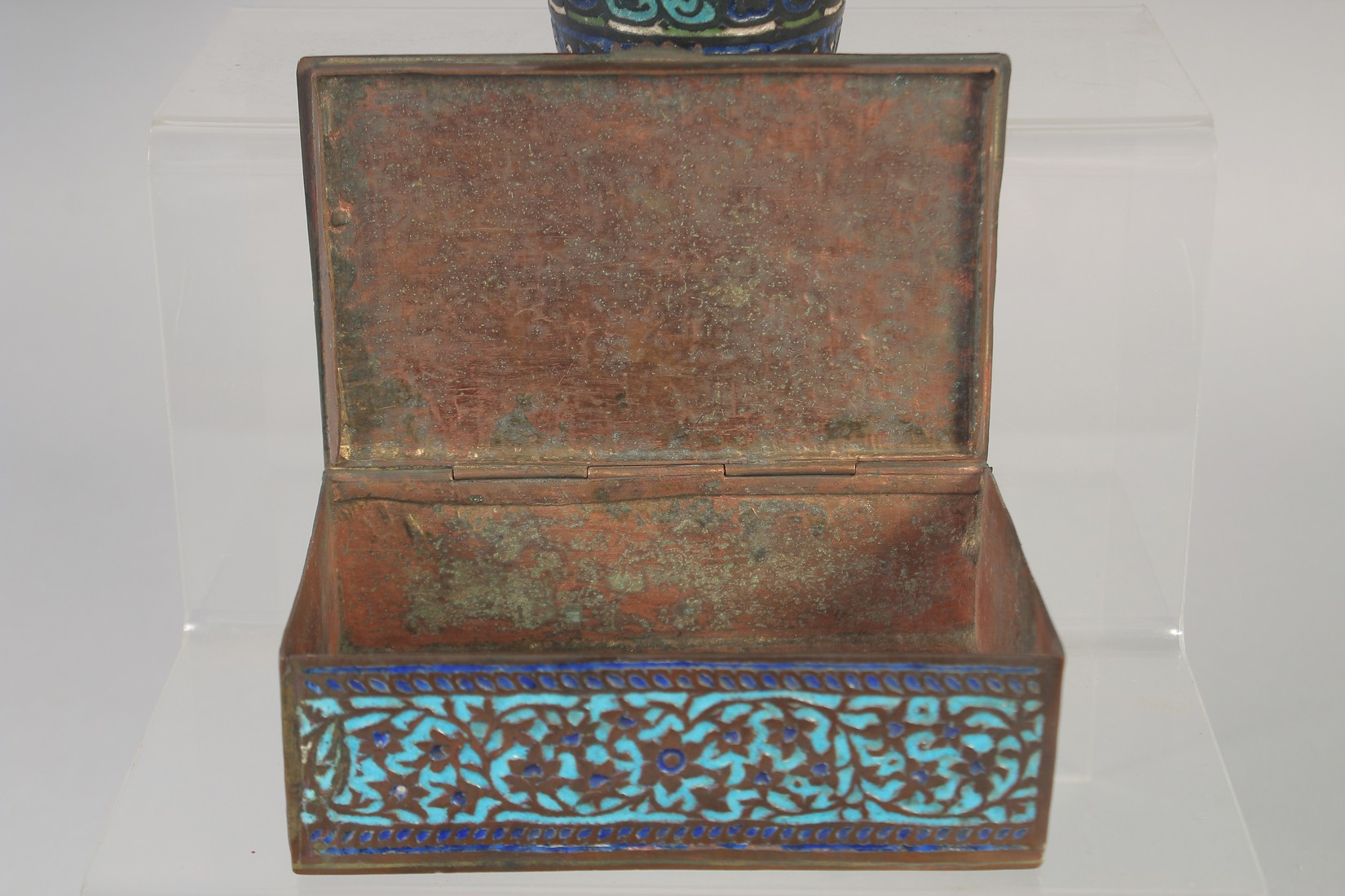 TWO INDIAN KASHMIRI BOXES AND ANOTHER ENAMELLED CUP, boxes 17cm x 8.5cm and 13cm x 8cm, cup 10cm - Image 4 of 6