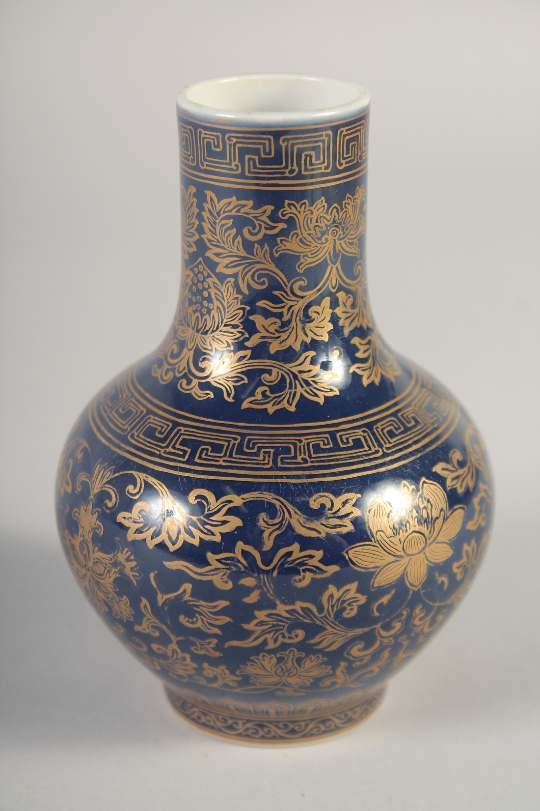 A CHINESE POWDER BLUE VASE, with gilt floral decoration, the base with six-character mark, 13cm - Image 2 of 5