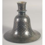 A FINE 19TH CENTURY INDIAN BIDRI SILVER INLAID HUQQA BASE, with foliate motifs, 16cm high.