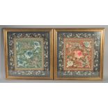 A PAIR OF 19TH CENTURY CHINESE SILK PANELS OF FLOWERS AND BUTTERFLIES; one female and one male,