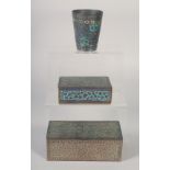 TWO INDIAN KASHMIRI BOXES AND ANOTHER ENAMELLED CUP, boxes 17cm x 8.5cm and 13cm x 8cm, cup 10cm