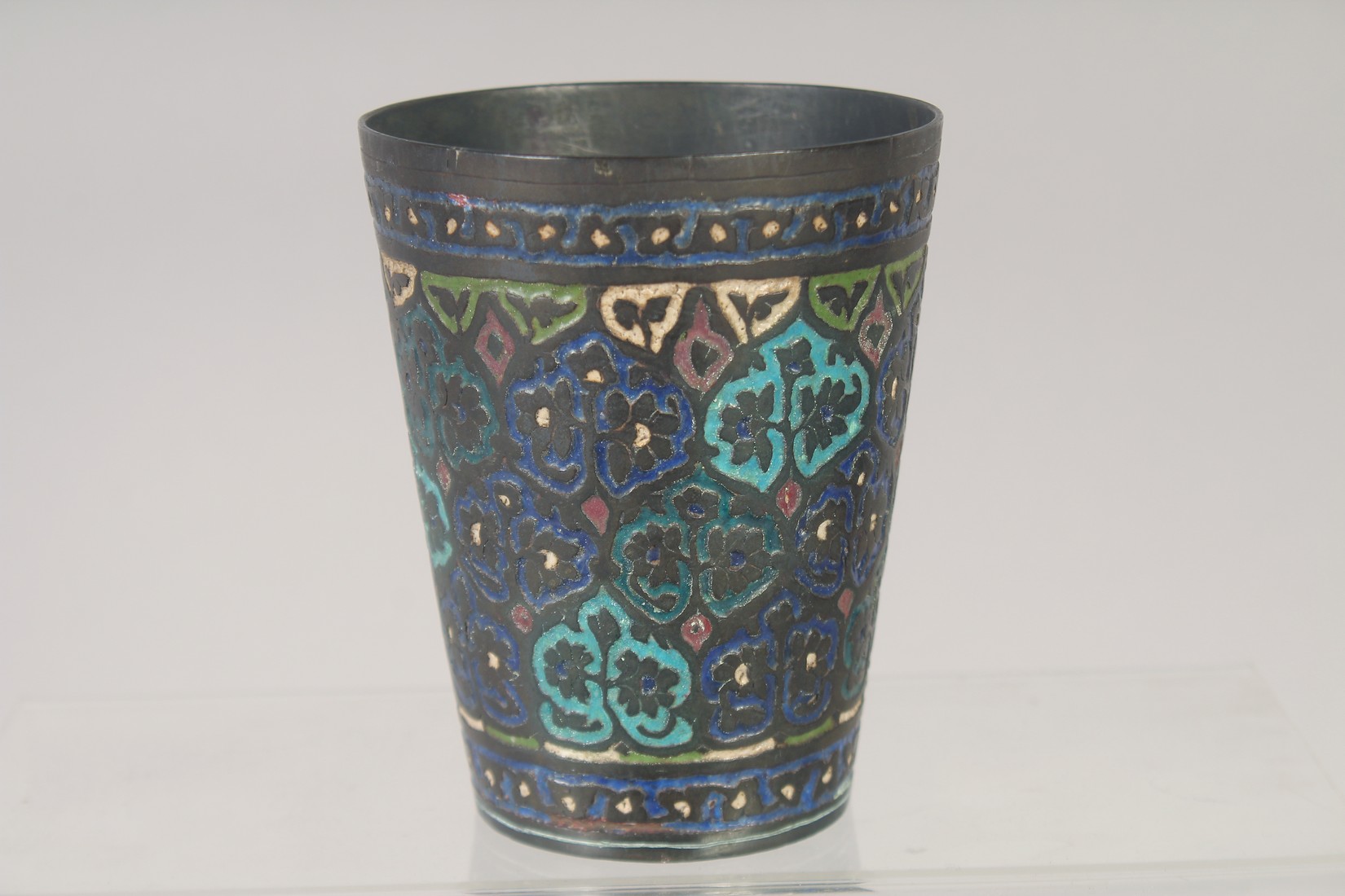 TWO INDIAN KASHMIRI BOXES AND ANOTHER ENAMELLED CUP, boxes 17cm x 8.5cm and 13cm x 8cm, cup 10cm - Image 2 of 6