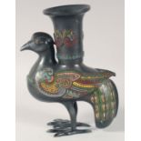 A CHINESE ENAMEL DECORATED BRONZE PEACOCK, with fitted presentation box, bronze 23cm high.
