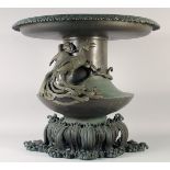 AN IMPRESSIVE LARGE JAPANESE BRONZE USUBATA VASE, with bronze phoenix okimono to the side and wave