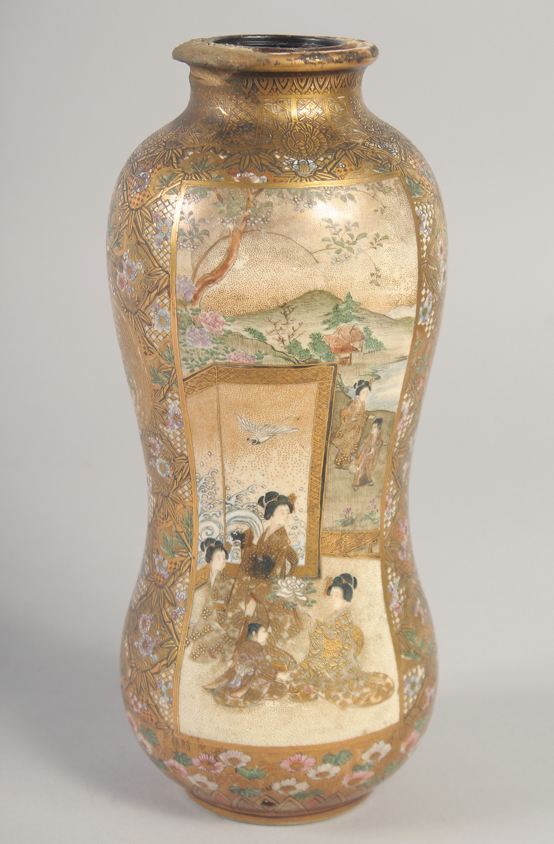 A JAPANESE SATSUMA BOTTLE / VASE, decorated with panels of figures and further embellished with fine