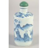 A LARGE CHINESE BLUE AND WHITE PORCELAIN SNUFF BOTTLE AND JADE STOPPER, decorated with figures and