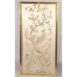 A LARGE 20TH CENTURY CHINESE SILK PANEL, depicting birds, butterflies, and flora, framed, image