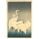 SHOSON OHARA (1877-1945): EGRETS IN THE SNOW; early 20th century Japanese woodblock print.