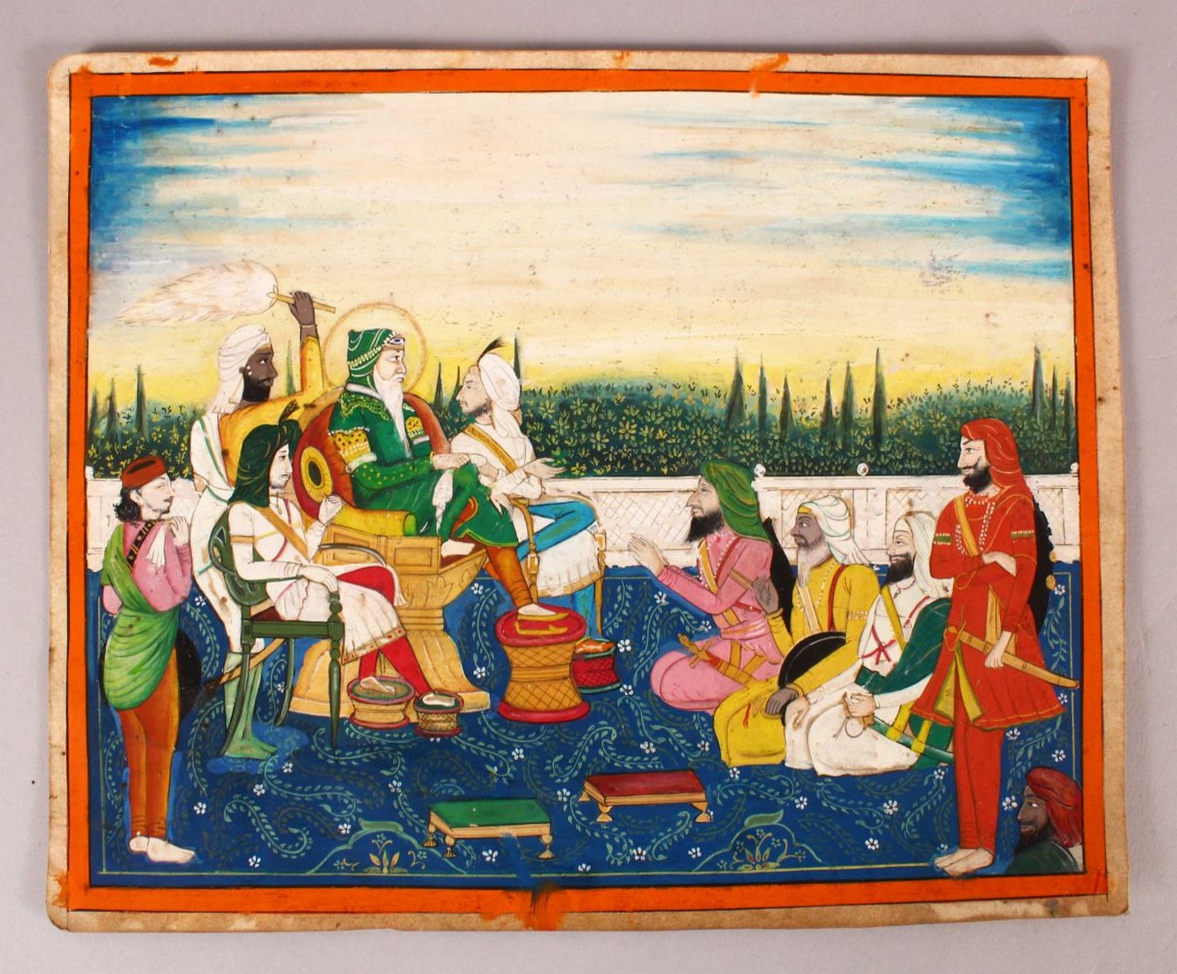 A FINE LARGE INDIAN MINIATURE PAINTING OF SIKH MAHARAJA RANJIT SINGH in court with attendants,