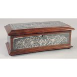 A SILVER PANELLED RECTANGULAR WOODEN BOX, 25cm long.