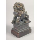 A FINE CHINESE BRONZE LION - possibly Ming, mounted to a wooden base, the figure with traces of