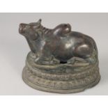 A RARE 16TH-17TH CENTURY INDIAN BRONZE BULL, 16cm long.