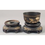 A LACQUER DRAGON BOWL, together with two hardwood stands, (3).