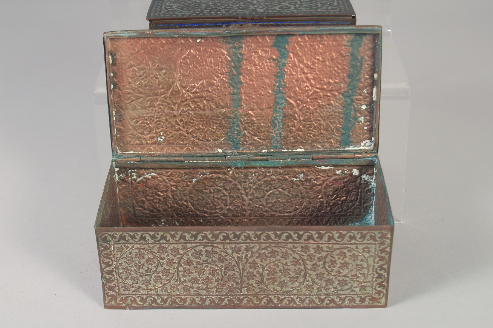 TWO INDIAN KASHMIRI BOXES AND ANOTHER ENAMELLED CUP, boxes 17cm x 8.5cm and 13cm x 8cm, cup 10cm - Image 6 of 6