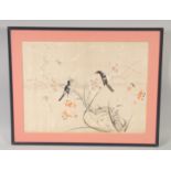 AN EARLY 20TH CENTURY CHINESE TEXTILE of birds and insects, framed, textile 43cm x 33cm.