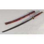 A 20TH CENTURY JAPANESE TACHI, with leather covered grip and scabbard, 96cm long overall.