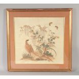 A 19TH CENTURY CHINESE SILK PANEL, of a bird and flora with butterflies, framed and glazed,