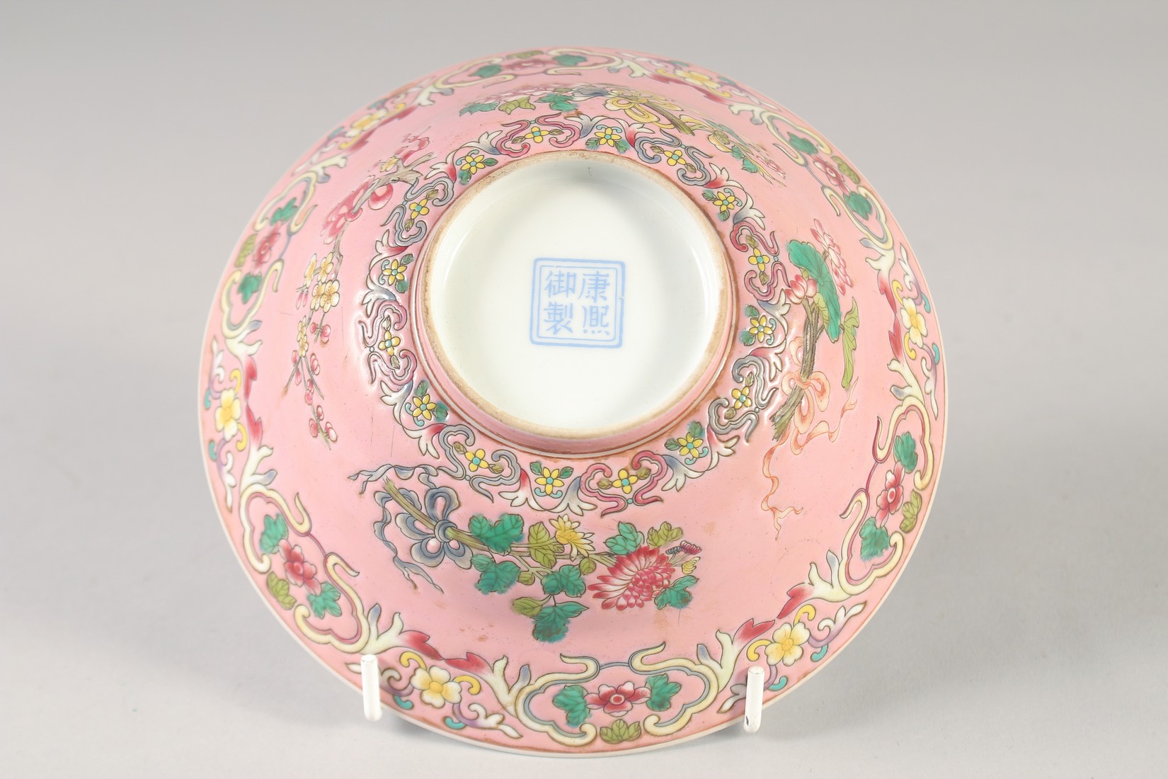 A CHINESE FAMILLE ROSE PORCELAIN BOWL, decorated with flora, the interior with five bats, four- - Image 5 of 6